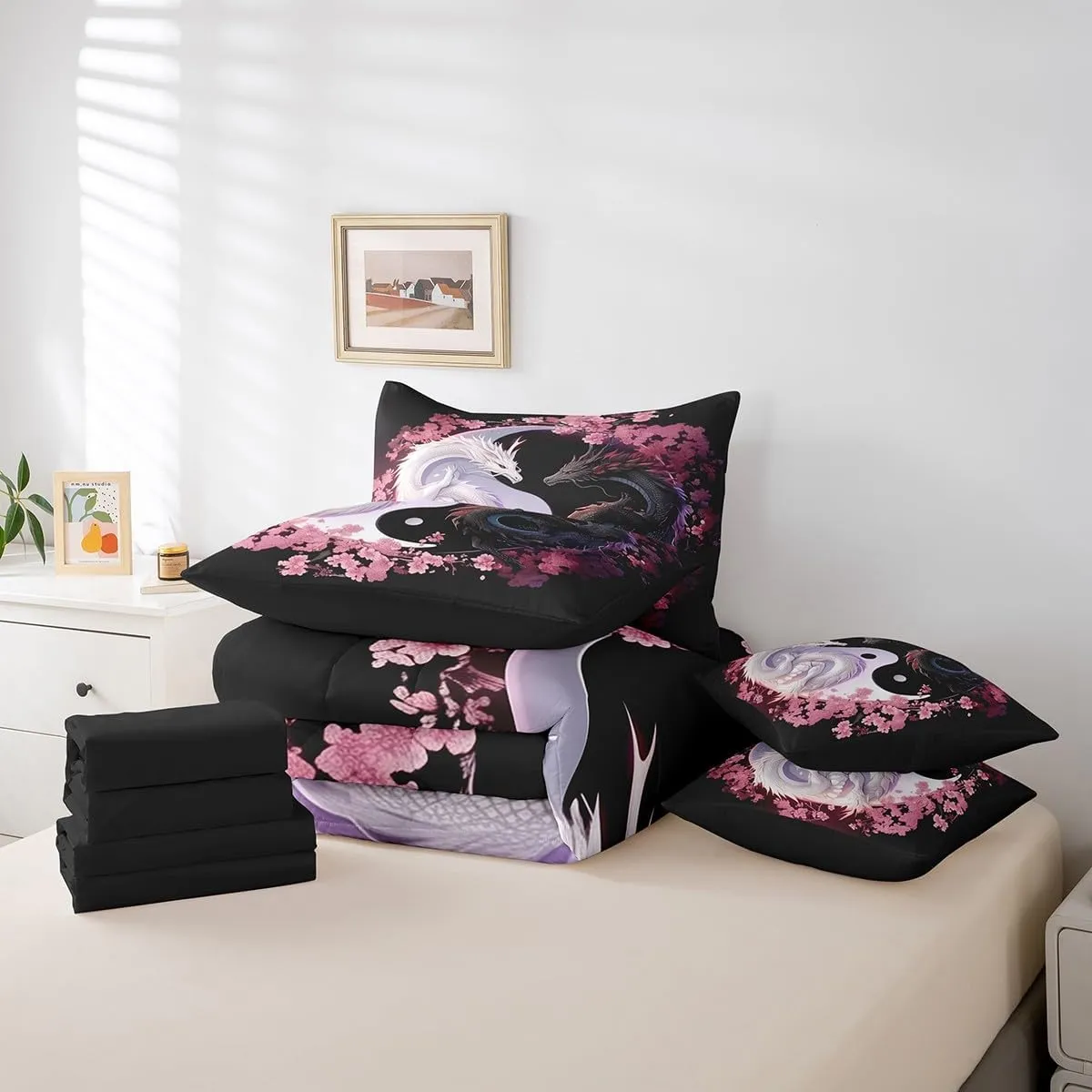 Feelyou Dragon Bedding Set Full Size Yin Yang Comforter Set 7 Pieces Cherry Blossoms 3D Dragon Ancient Wildlife Couple Lover Bed in a Bag for Romantic Bed Set with Comforter, Sheet Set, Pillowcases