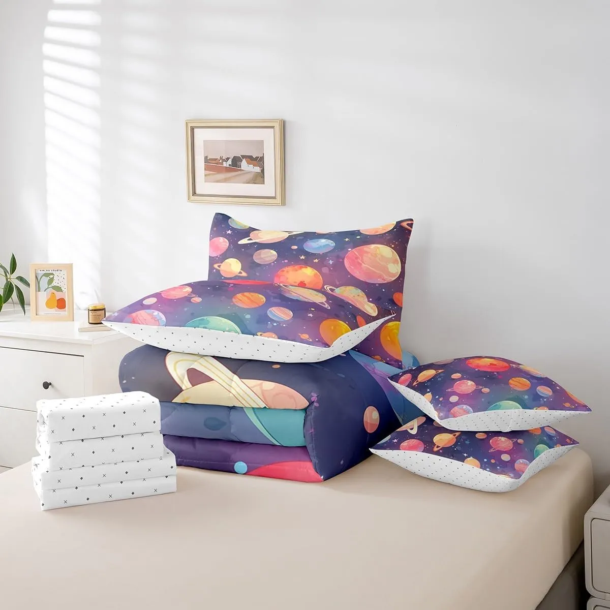 Feelyou Purple Solar System Twin Size 7 Pieces Comforter Set with Sheets Outer Space Bed in a Bag for Kids Teens Adults Universe Planets Bedding Set Galaxy Bed Set Room Decor