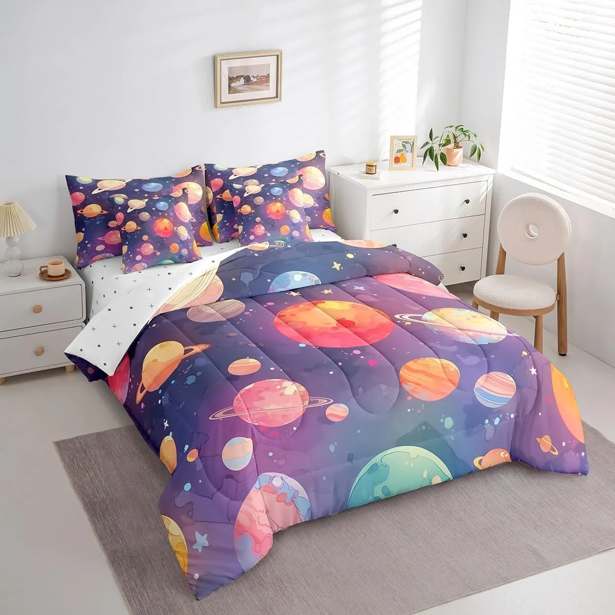 Feelyou Purple Solar System Twin Size 7 Pieces Comforter Set with Sheets Outer Space Bed in a Bag for Kids Teens Adults Universe Planets Bedding Set Galaxy Bed Set Room Decor