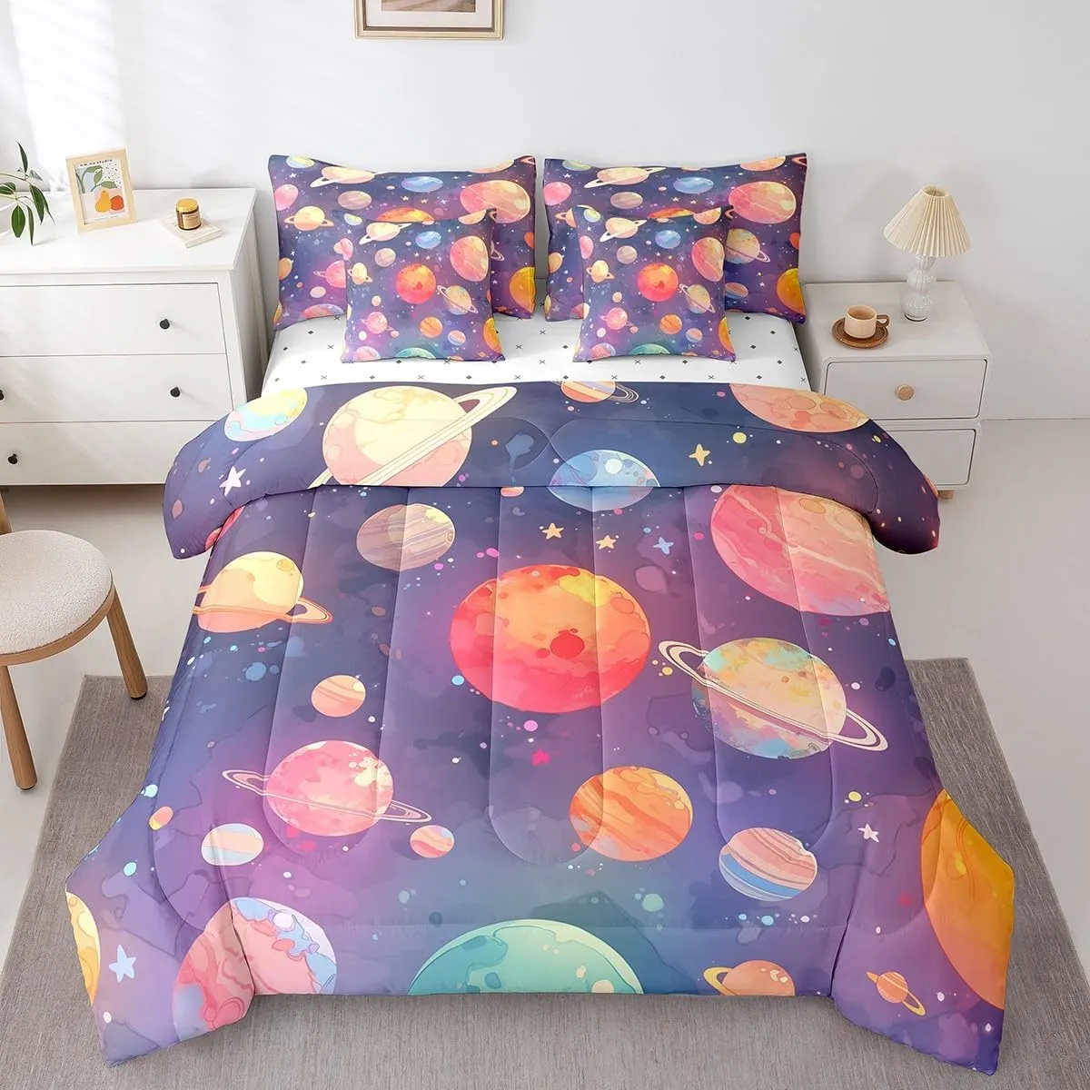 Feelyou Purple Solar System Twin Size 7 Pieces Comforter Set with Sheets Outer Space Bed in a Bag for Kids Teens Adults Universe Planets Bedding Set Galaxy Bed Set Room Decor