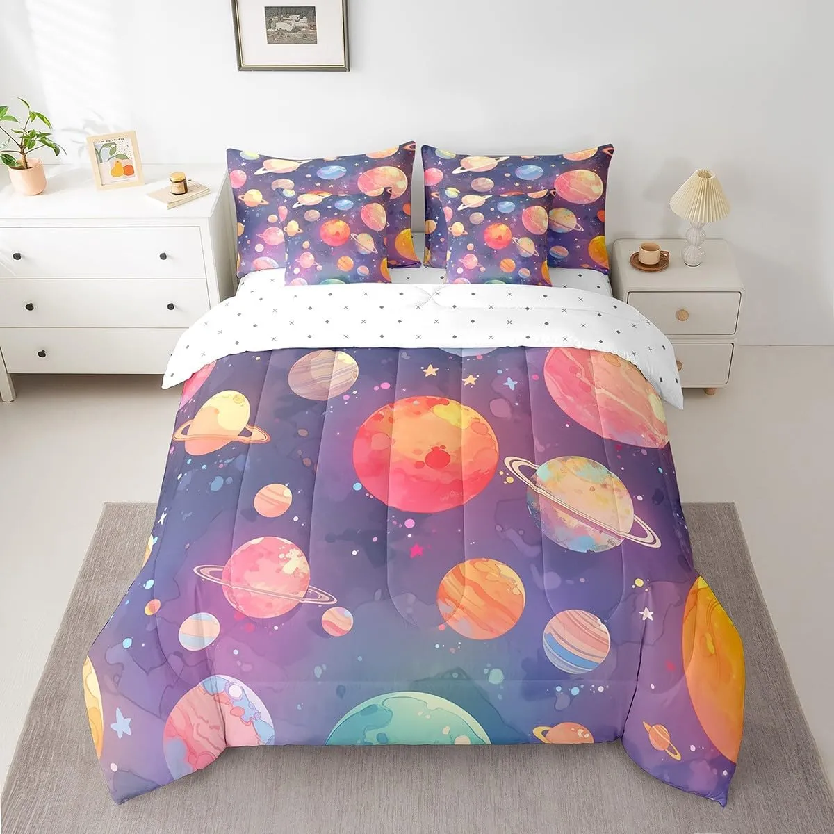 Feelyou Purple Solar System Twin Size 7 Pieces Comforter Set with Sheets Outer Space Bed in a Bag for Kids Teens Adults Universe Planets Bedding Set Galaxy Bed Set Room Decor