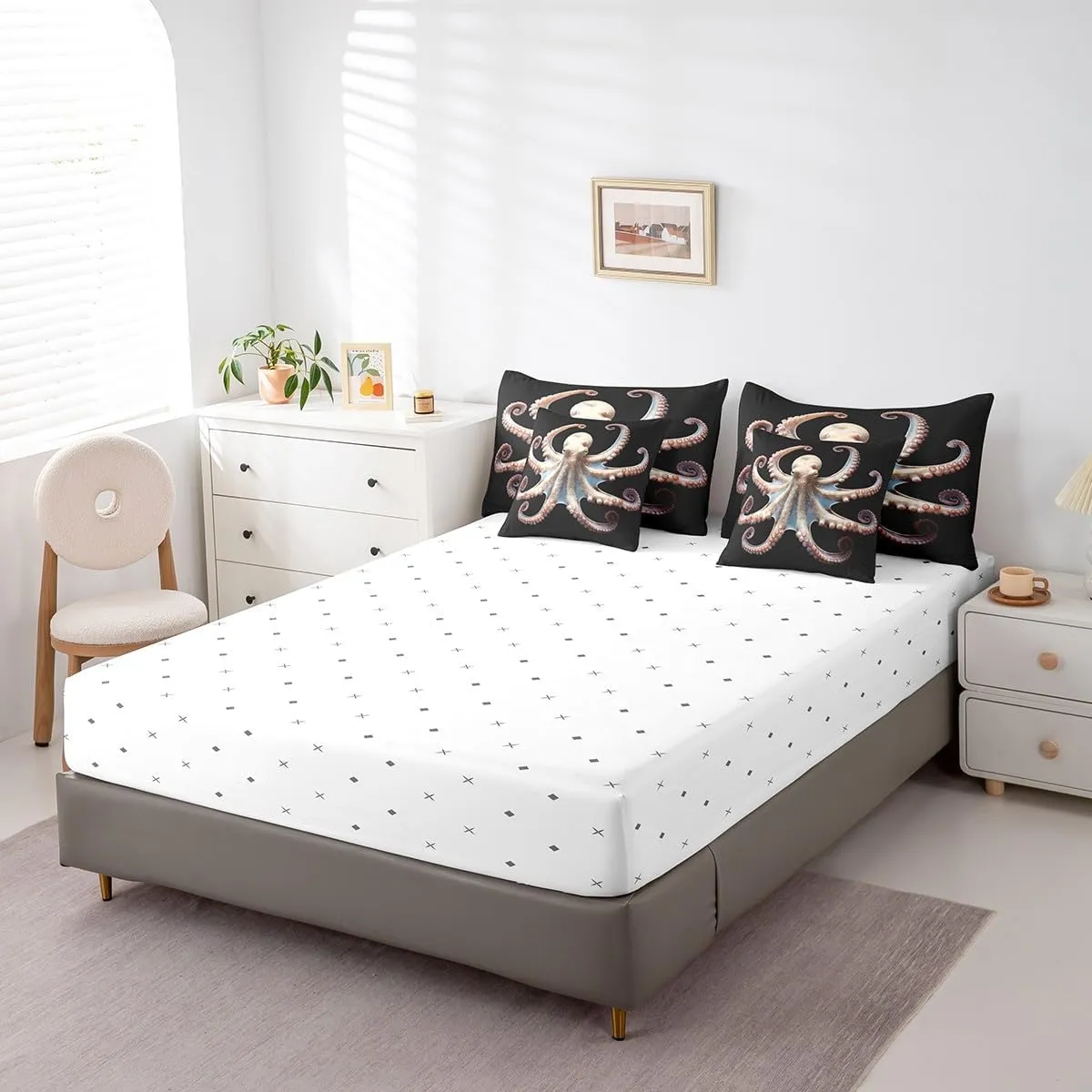 Feelyou Queen Comforter Set 7 Pcs 3D Octopus Bedding Set Octopus Tentacles Bed in a Bag for Kids Adults Sea Marine Themed Comforter Underwater Animal Bed Set with Sheets, Pillowcases, Pillow Covers