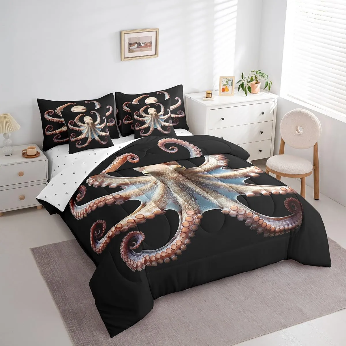 Feelyou Queen Comforter Set 7 Pcs 3D Octopus Bedding Set Octopus Tentacles Bed in a Bag for Kids Adults Sea Marine Themed Comforter Underwater Animal Bed Set with Sheets, Pillowcases, Pillow Covers