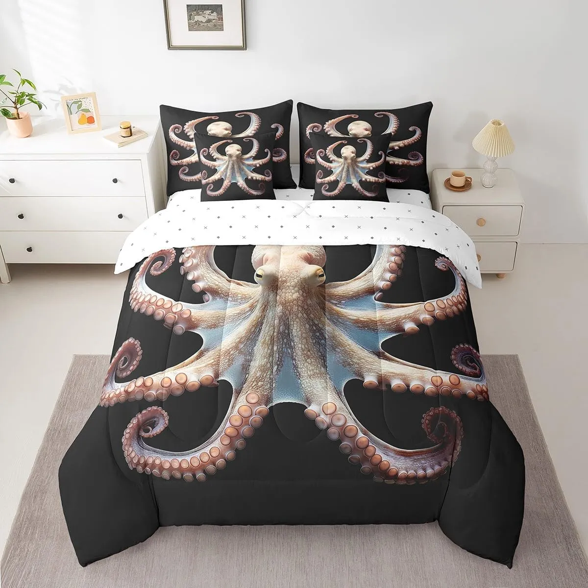 Feelyou Queen Comforter Set 7 Pcs 3D Octopus Bedding Set Octopus Tentacles Bed in a Bag for Kids Adults Sea Marine Themed Comforter Underwater Animal Bed Set with Sheets, Pillowcases, Pillow Covers