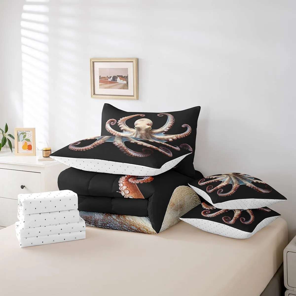 Feelyou Queen Comforter Set 7 Pcs 3D Octopus Bedding Set Octopus Tentacles Bed in a Bag for Kids Adults Sea Marine Themed Comforter Underwater Animal Bed Set with Sheets, Pillowcases, Pillow Covers
