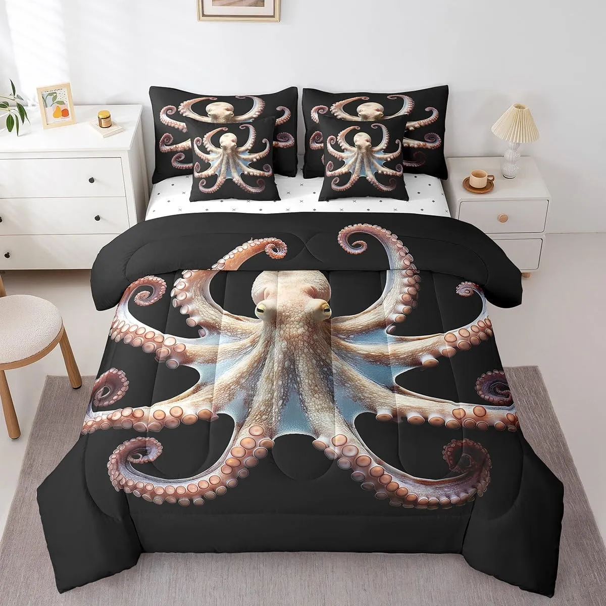 Feelyou Queen Comforter Set 7 Pcs 3D Octopus Bedding Set Octopus Tentacles Bed in a Bag for Kids Adults Sea Marine Themed Comforter Underwater Animal Bed Set with Sheets, Pillowcases, Pillow Covers
