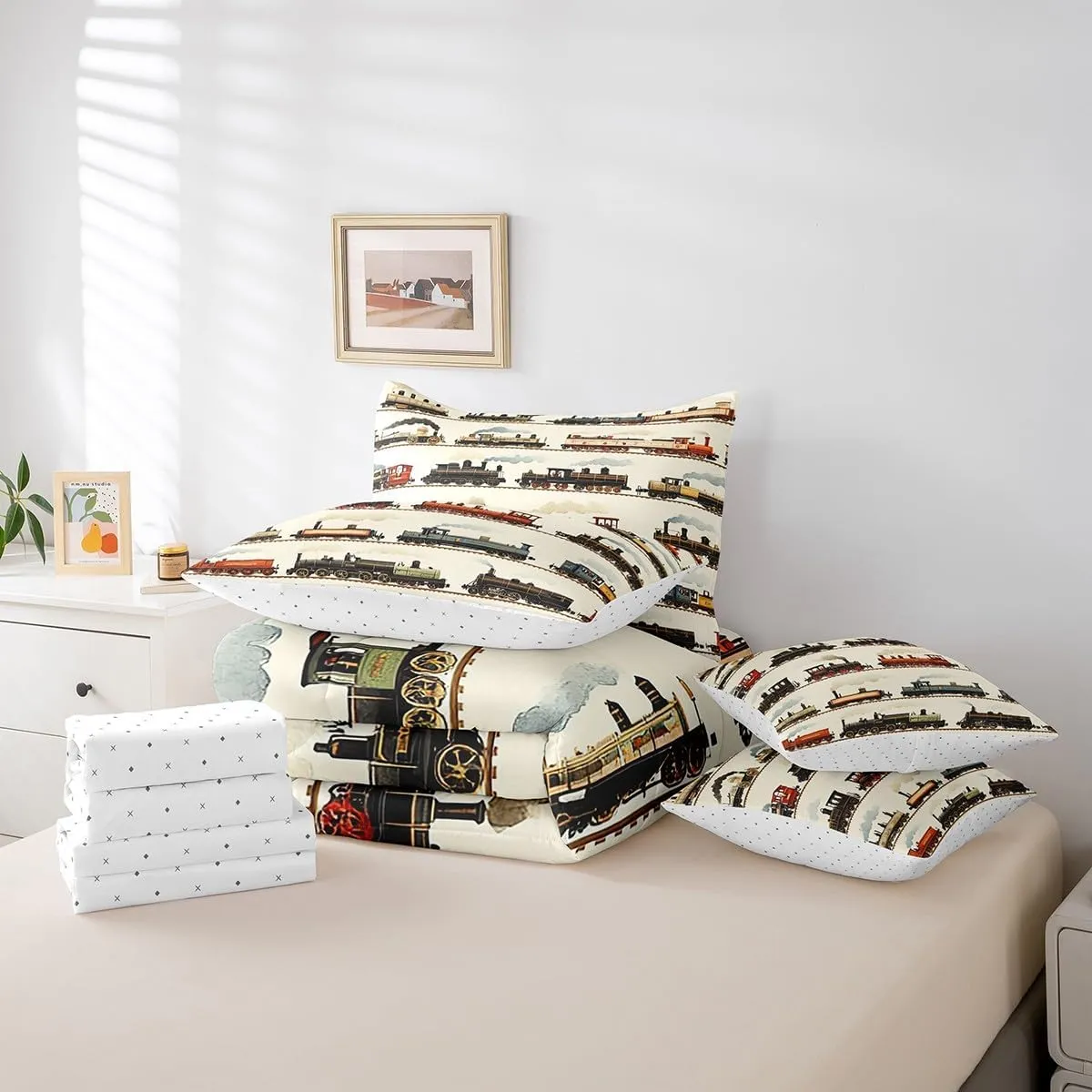 Feelyou Vintage Train Comforter Set Queen 7 Pcs Retro Steam Engine Boys Girls Retro Steam Locomotive Train Bedding Set Vehicle Train Bed in a Bag with Comforter, Sheets, Pillowcases & Cushion Cover