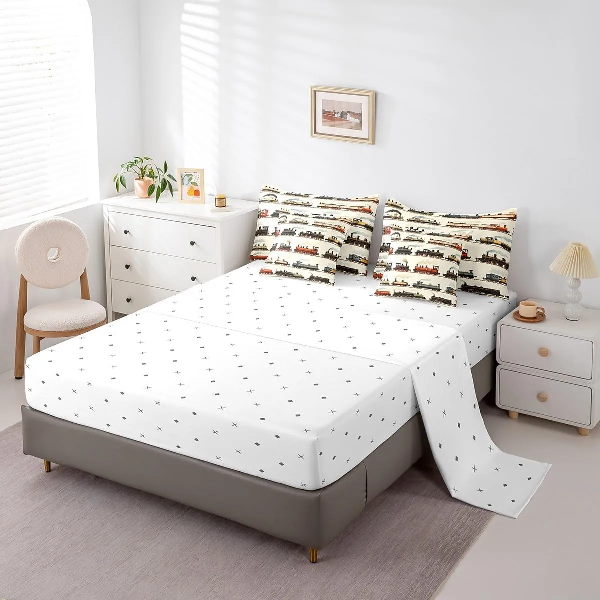 Feelyou Vintage Train Comforter Set Queen 7 Pcs Retro Steam Engine Boys Girls Retro Steam Locomotive Train Bedding Set Vehicle Train Bed in a Bag with Comforter, Sheets, Pillowcases & Cushion Cover