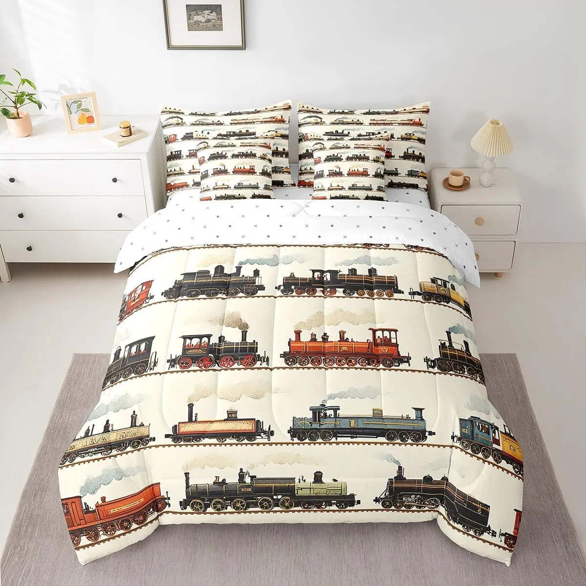 Feelyou Vintage Train Comforter Set Queen 7 Pcs Retro Steam Engine Boys Girls Retro Steam Locomotive Train Bedding Set Vehicle Train Bed in a Bag with Comforter, Sheets, Pillowcases & Cushion Cover