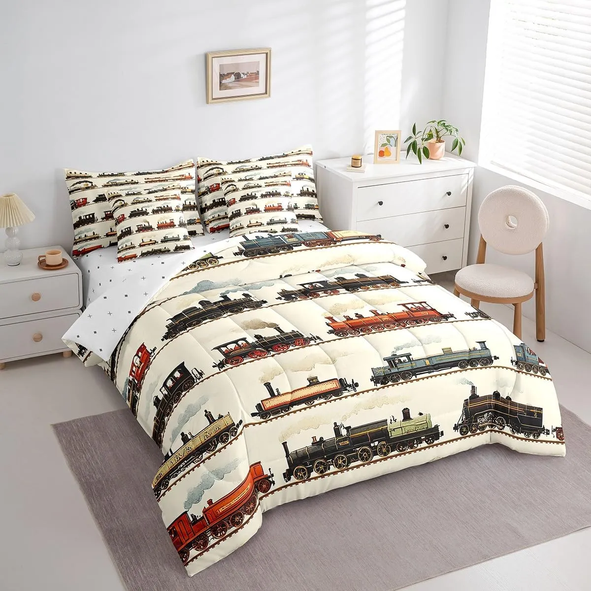 Feelyou Vintage Train Comforter Set Queen 7 Pcs Retro Steam Engine Boys Girls Retro Steam Locomotive Train Bedding Set Vehicle Train Bed in a Bag with Comforter, Sheets, Pillowcases & Cushion Cover