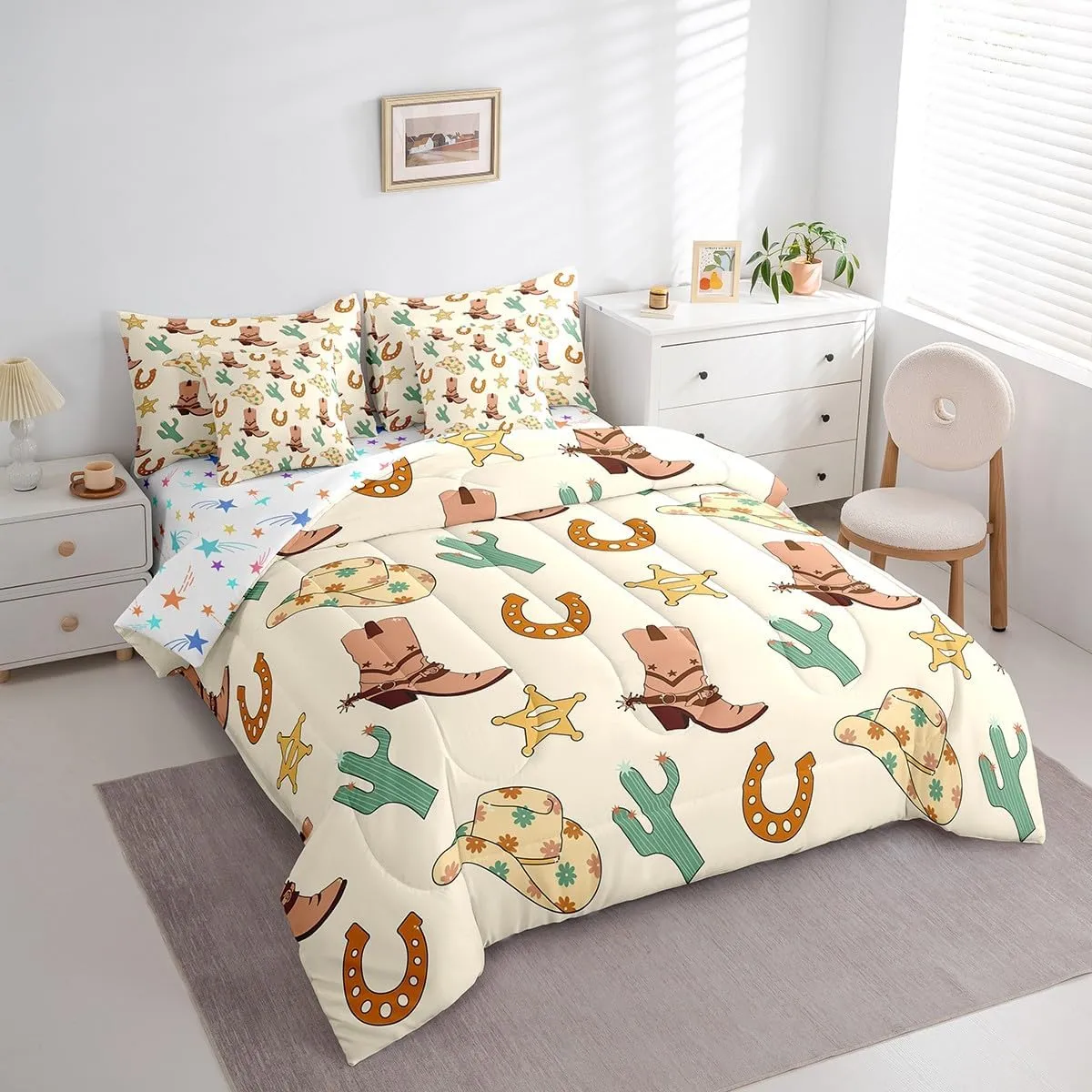 Feelyou Western Bedding Set All Season Full Size Wild Western Cowboy Comforter Set 7 Pieces Cowboy Boots Hat Horseshoe Cactus Bed in a Bag Yellow Bed Set with Comforter, Sheet Set, Pillowcases