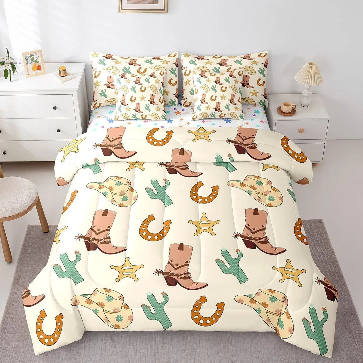 Feelyou Western Bedding Set All Season Full Size Wild Western Cowboy Comforter Set 7 Pieces Cowboy Boots Hat Horseshoe Cactus Bed in a Bag Yellow Bed Set with Comforter, Sheet Set, Pillowcases