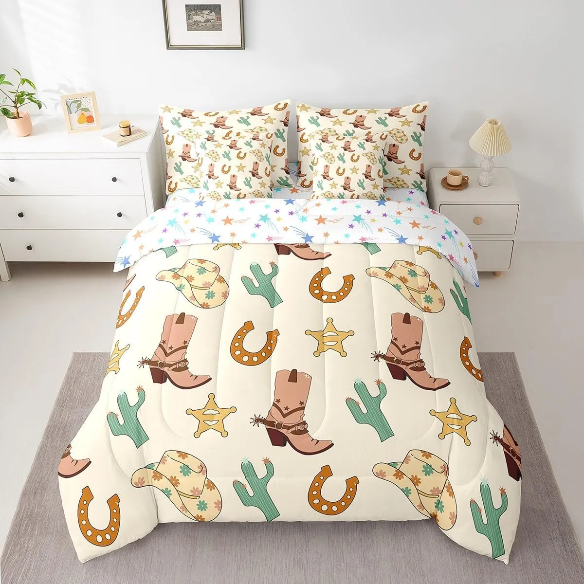 Feelyou Western Bedding Set All Season Full Size Wild Western Cowboy Comforter Set 7 Pieces Cowboy Boots Hat Horseshoe Cactus Bed in a Bag Yellow Bed Set with Comforter, Sheet Set, Pillowcases