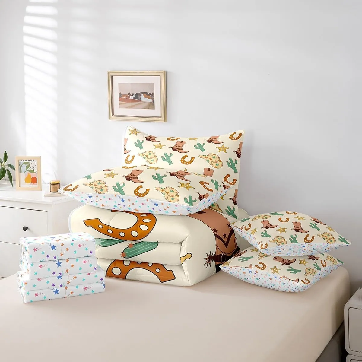Feelyou Western Bedding Set All Season Full Size Wild Western Cowboy Comforter Set 7 Pieces Cowboy Boots Hat Horseshoe Cactus Bed in a Bag Yellow Bed Set with Comforter, Sheet Set, Pillowcases