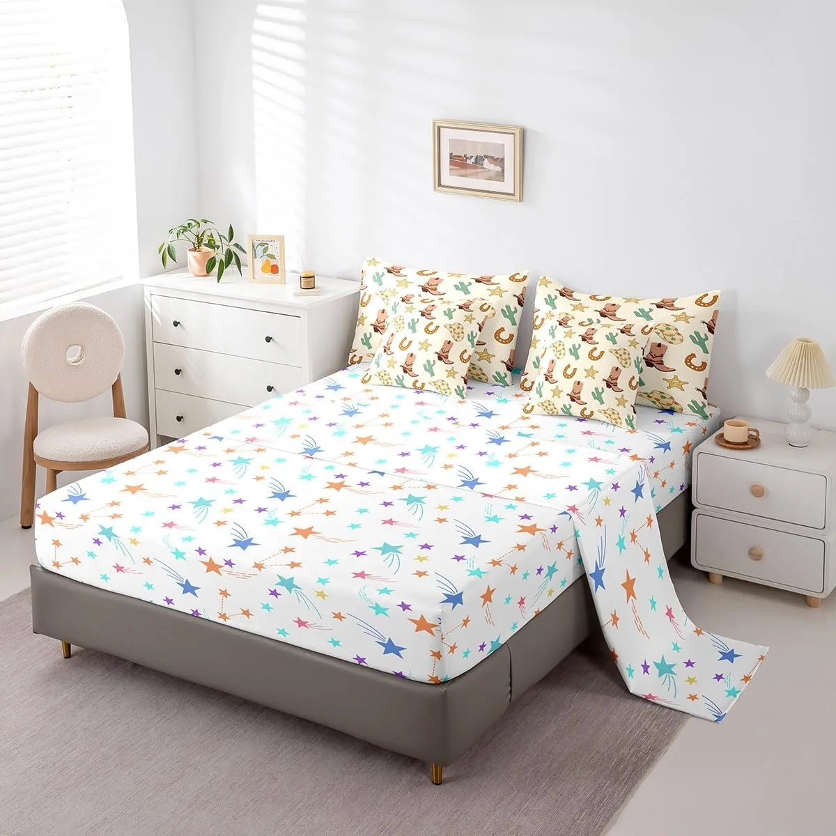 Feelyou Western Bedding Set All Season Full Size Wild Western Cowboy Comforter Set 7 Pieces Cowboy Boots Hat Horseshoe Cactus Bed in a Bag Yellow Bed Set with Comforter, Sheet Set, Pillowcases
