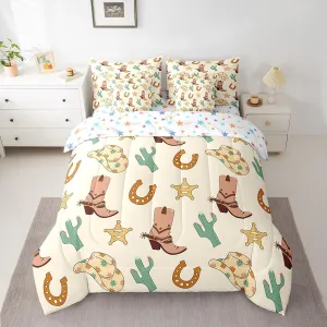 Feelyou Western Bedding Set All Season Full Size Wild Western Cowboy Comforter Set 7 Pieces Cowboy Boots Hat Horseshoe Cactus Bed in a Bag Yellow Bed Set with Comforter, Sheet Set, Pillowcases