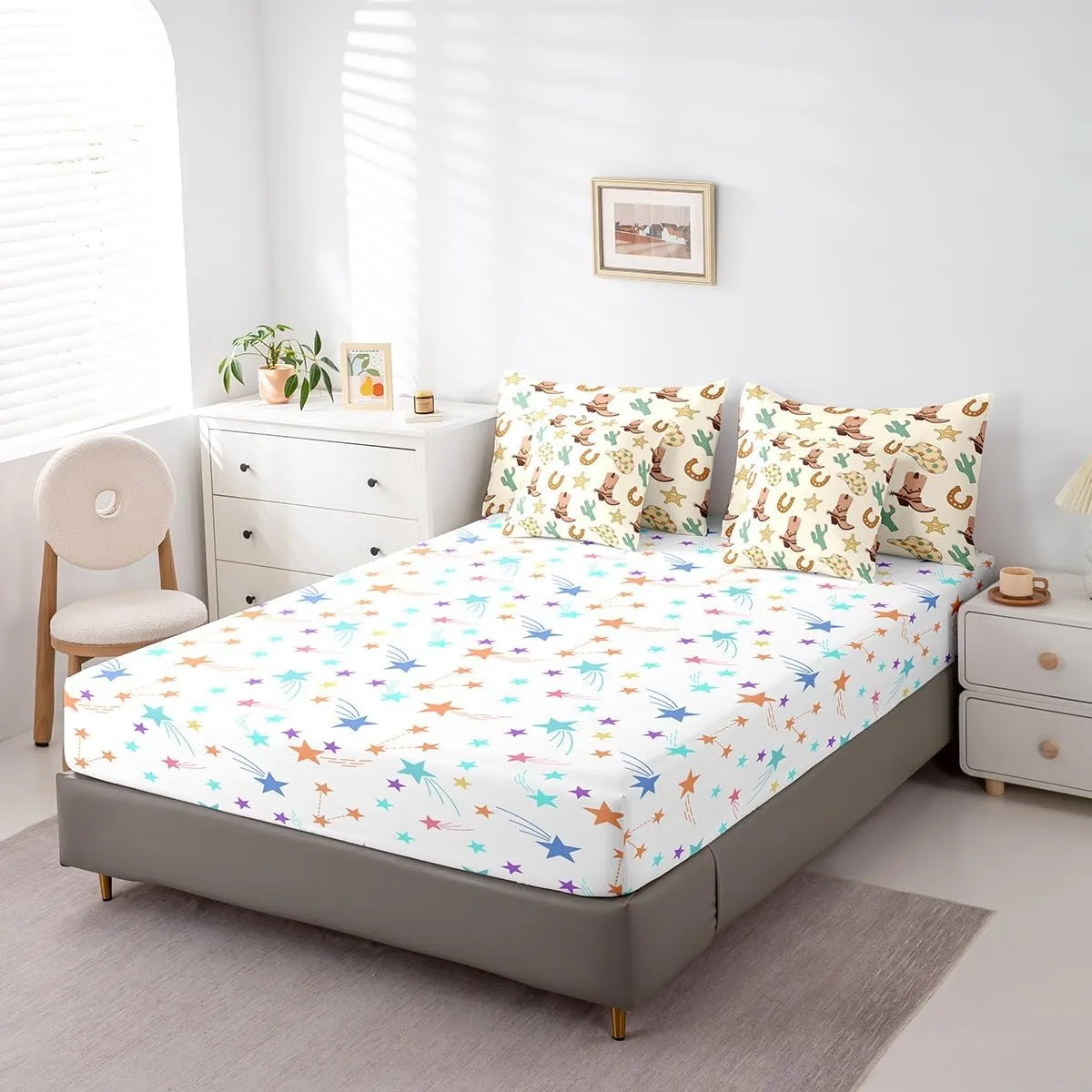 Feelyou Western Bedding Set All Season Full Size Wild Western Cowboy Comforter Set 7 Pieces Cowboy Boots Hat Horseshoe Cactus Bed in a Bag Yellow Bed Set with Comforter, Sheet Set, Pillowcases