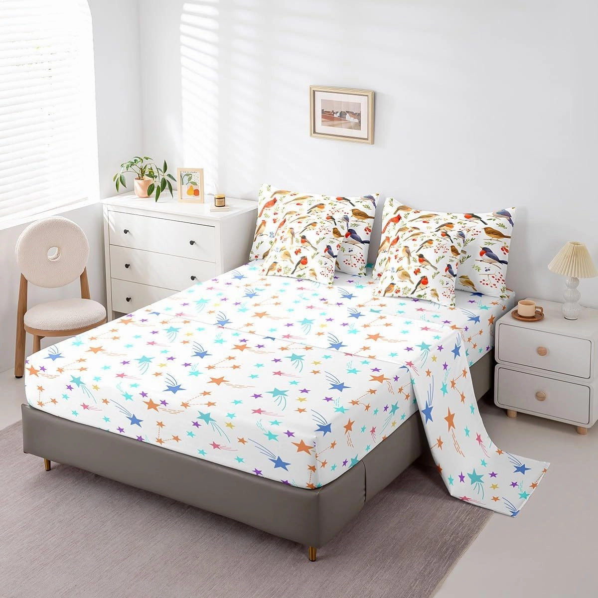 Feelyou Birds 7 Pieces Bedding Set Full Size Cheery Comforter Set with Sheets for Kids Boys Girls Branches Bed in a Bag Flower Bed Set Bluish White