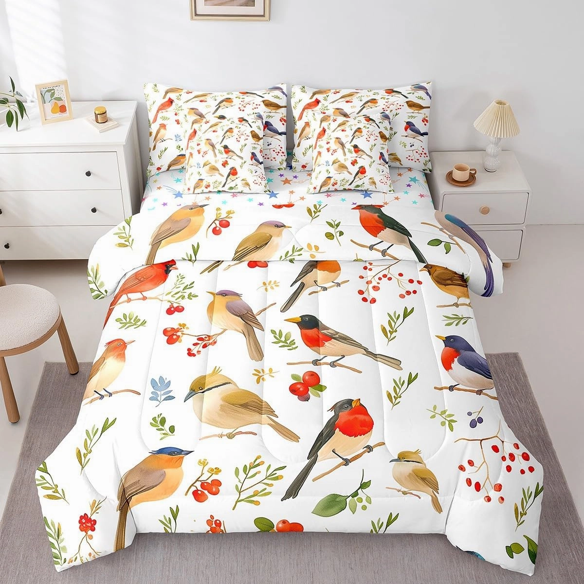 Feelyou Birds 7 Pieces Bedding Set Full Size Cheery Comforter Set with Sheets for Kids Boys Girls Branches Bed in a Bag Flower Bed Set Bluish White