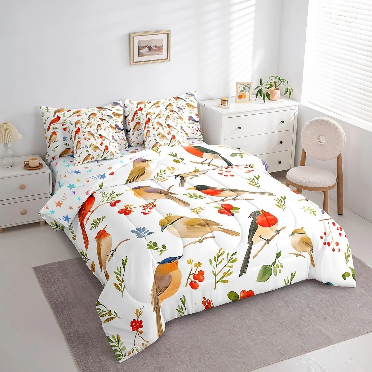 Feelyou Birds 7 Pieces Bedding Set Full Size Cheery Comforter Set with Sheets for Kids Boys Girls Branches Bed in a Bag Flower Bed Set Bluish White
