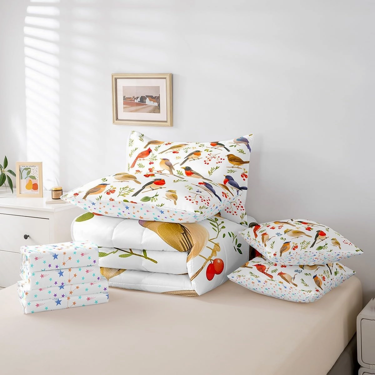 Feelyou Birds 7 Pieces Bedding Set Full Size Cheery Comforter Set with Sheets for Kids Boys Girls Branches Bed in a Bag Flower Bed Set Bluish White