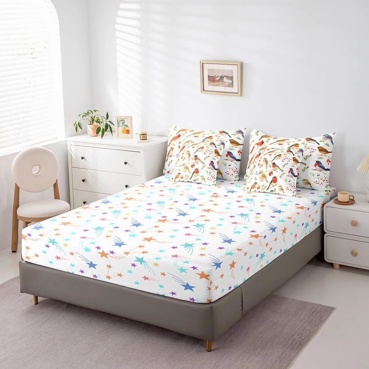 Feelyou Birds 7 Pieces Bedding Set Full Size Cheery Comforter Set with Sheets for Kids Boys Girls Branches Bed in a Bag Flower Bed Set Bluish White