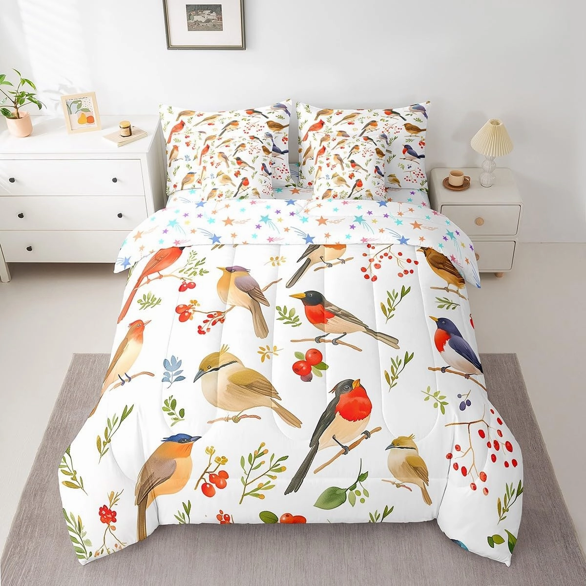 Feelyou Birds 7 Pieces Bedding Set Full Size Cheery Comforter Set with Sheets for Kids Boys Girls Branches Bed in a Bag Flower Bed Set Bluish White