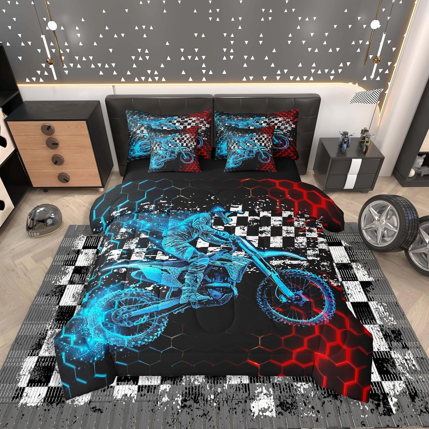 Feelyou Boys Dirt Bike Comforter Set with Sheets Extreme Sports 7 Piece Bedding Set Twin Size for Kids Racing Motocross Bed in a Bag Motorcycle Teens Bed Set