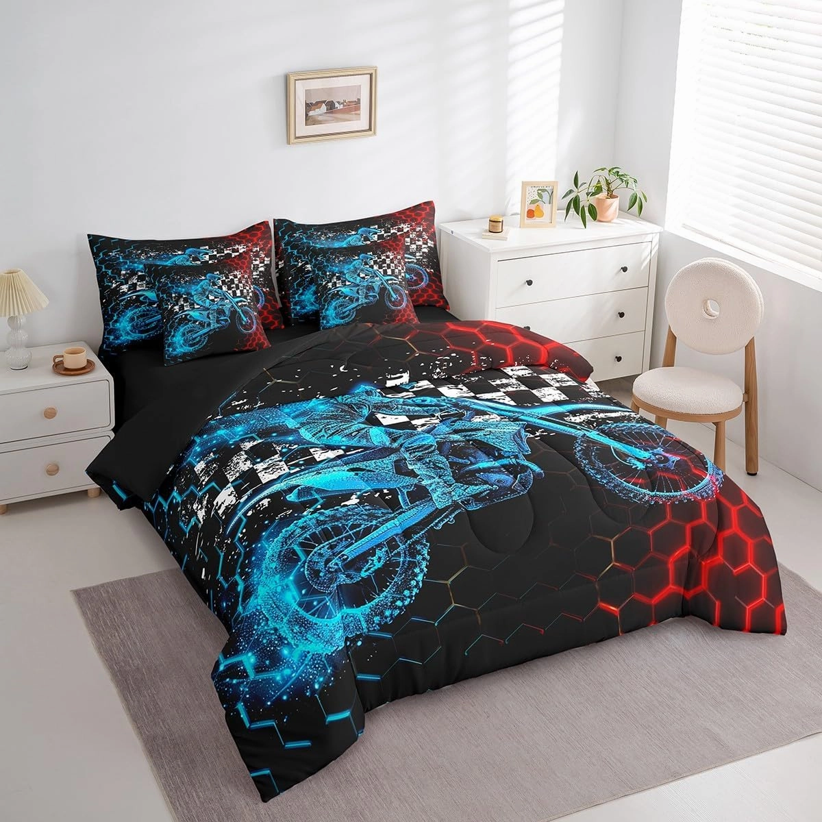 Feelyou Boys Dirt Bike Comforter Set with Sheets Extreme Sports 7 Piece Bedding Set Twin Size for Kids Racing Motocross Bed in a Bag Motorcycle Teens Bed Set