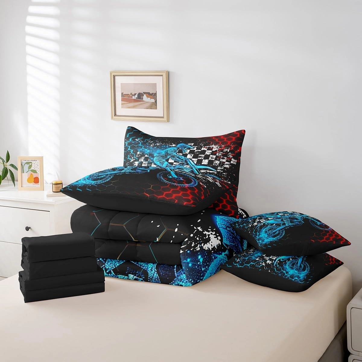 Feelyou Boys Dirt Bike Comforter Set with Sheets Extreme Sports 7 Piece Bedding Set Twin Size for Kids Racing Motocross Bed in a Bag Motorcycle Teens Bed Set