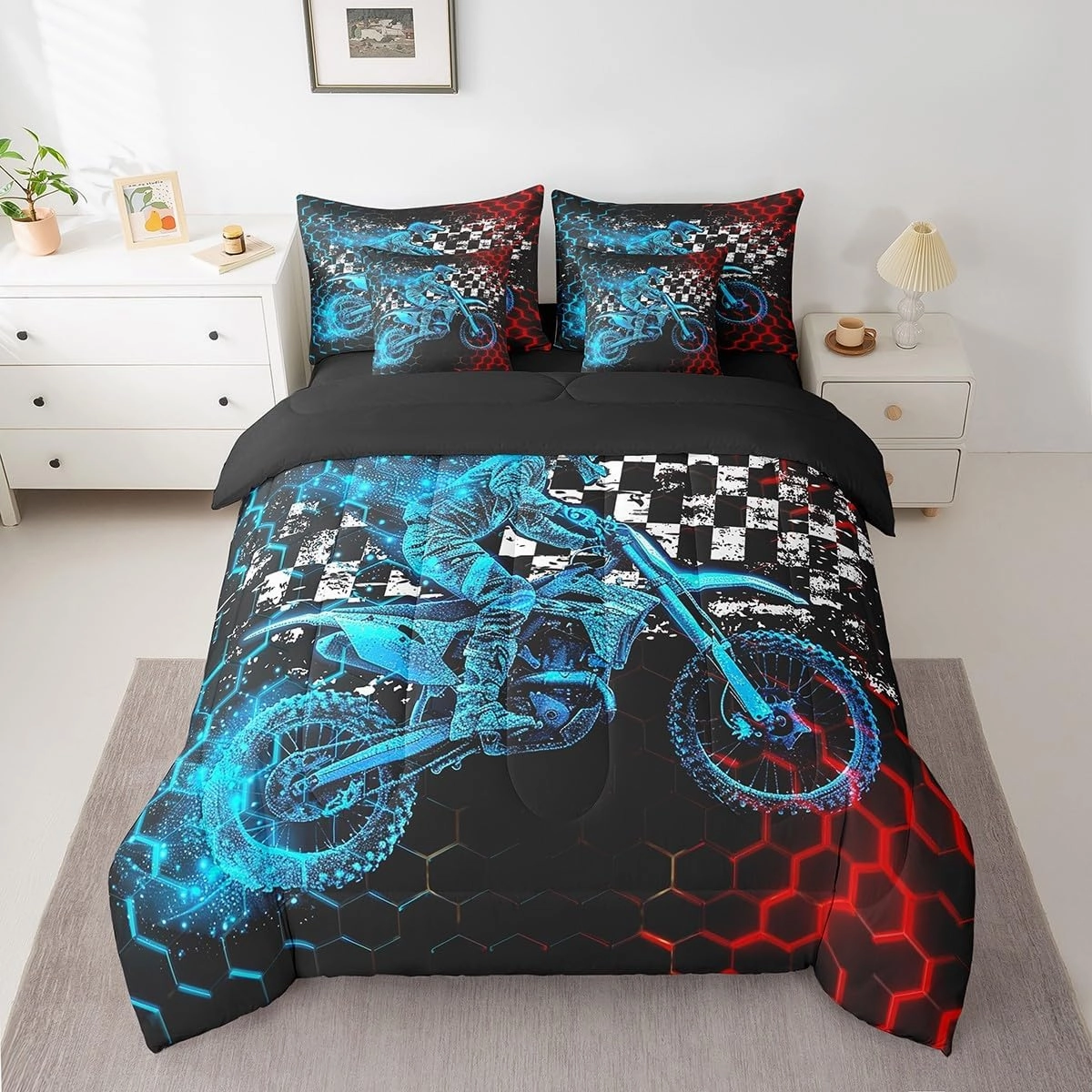 Feelyou Boys Dirt Bike Comforter Set with Sheets Extreme Sports 7 Piece Bedding Set Twin Size for Kids Racing Motocross Bed in a Bag Motorcycle Teens Bed Set