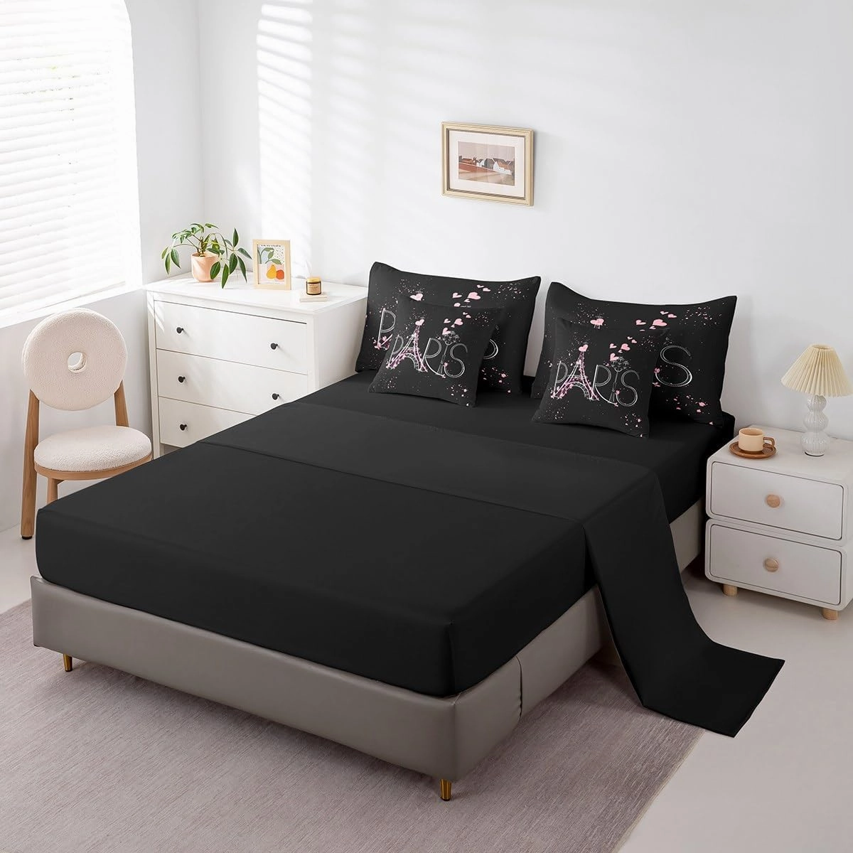 Feelyou Eiffel Tower 7 PCS Comforter Set with Sheets Chic Paris 7 Pieces Bed in a Bag Set Romantic Theme Bed in a Bag for Boys Girls Black Pink Modern French Style Comforter Set with Sheets Queen Size