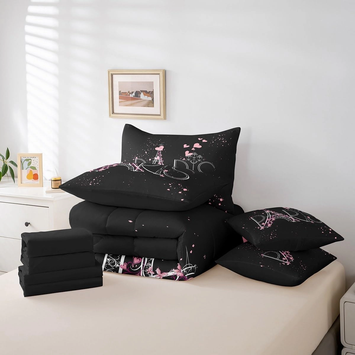 Feelyou Eiffel Tower 7 PCS Comforter Set with Sheets Chic Paris 7 Pieces Bed in a Bag Set Romantic Theme Bed in a Bag for Boys Girls Black Pink Modern French Style Comforter Set with Sheets Queen Size