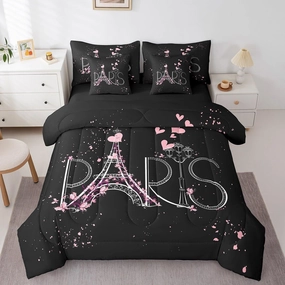 Feelyou Eiffel Tower 7 PCS Comforter Set with Sheets Chic Paris 7 Pieces Bed in a Bag Set Romantic Theme Bed in a Bag for Boys Girls Black Pink Modern French Style Comforter Set with Sheets Queen Size