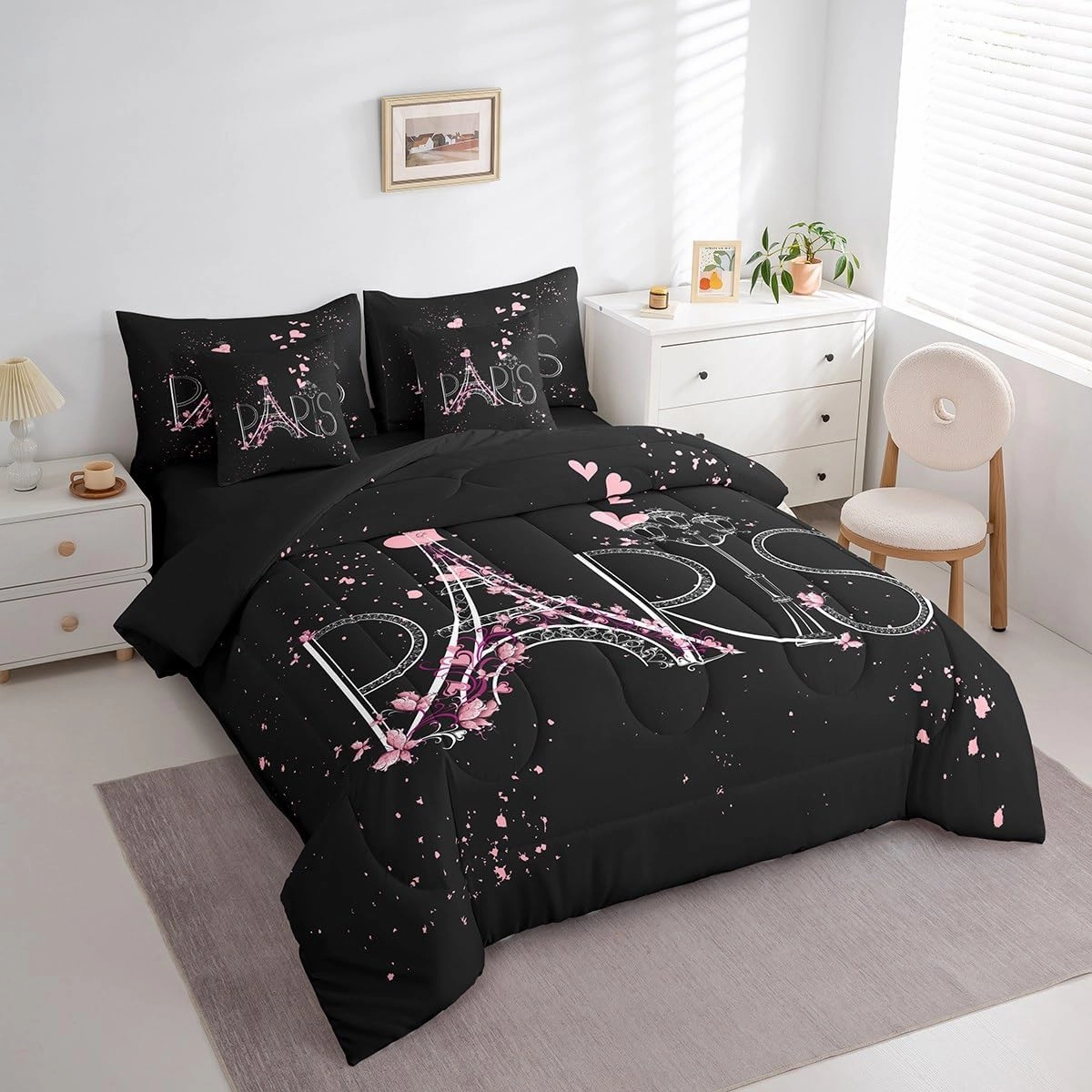 Feelyou Eiffel Tower 7 PCS Comforter Set with Sheets Chic Paris 7 Pieces Bed in a Bag Set Romantic Theme Bed in a Bag for Boys Girls Black Pink Modern French Style Comforter Set with Sheets Queen Size