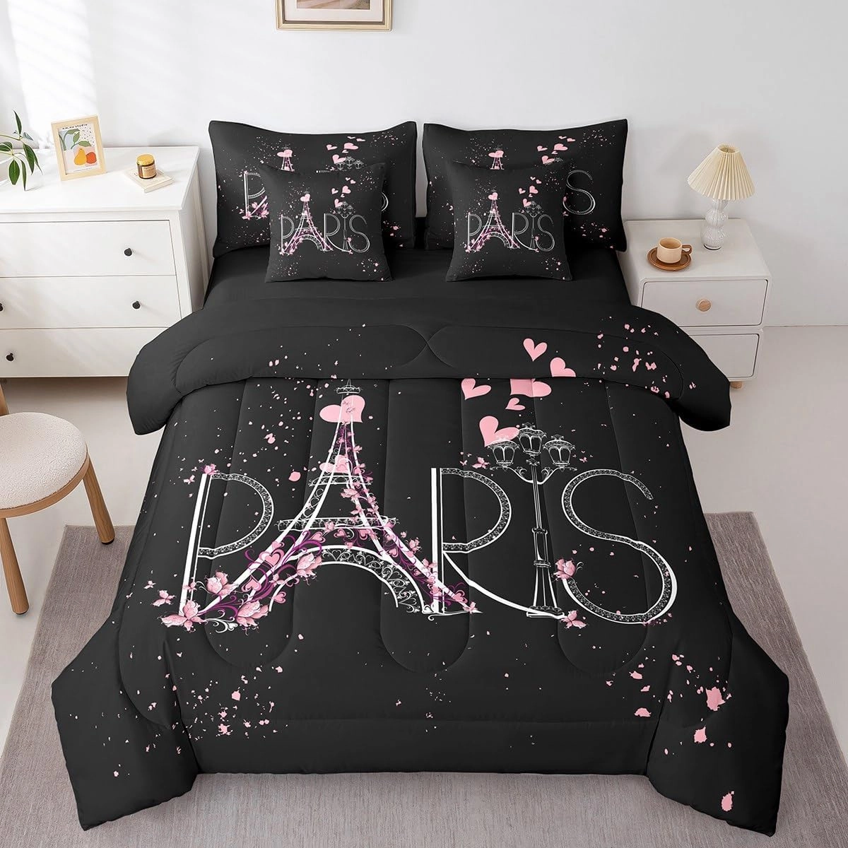 Feelyou Eiffel Tower 7 PCS Comforter Set with Sheets Chic Paris 7 Pieces Bed in a Bag Set Romantic Theme Bed in a Bag for Boys Girls Black Pink Modern French Style Comforter Set with Sheets Queen Size