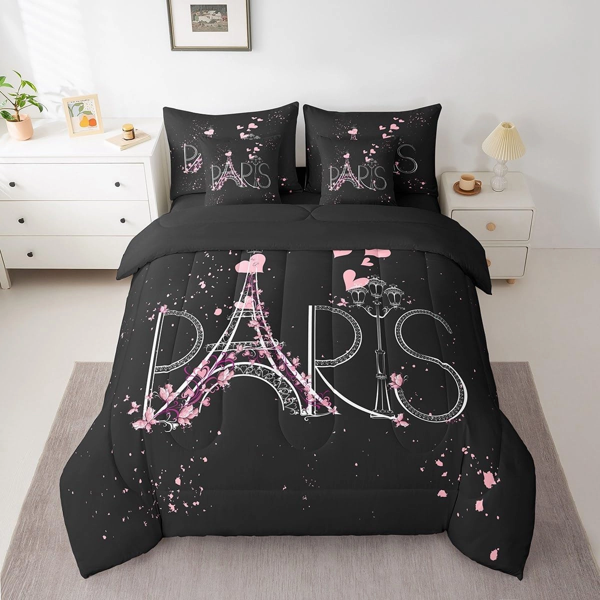 Feelyou Eiffel Tower 7 PCS Comforter Set with Sheets Chic Paris 7 Pieces Bed in a Bag Set Romantic Theme Bed in a Bag for Boys Girls Black Pink Modern French Style Comforter Set with Sheets Queen Size