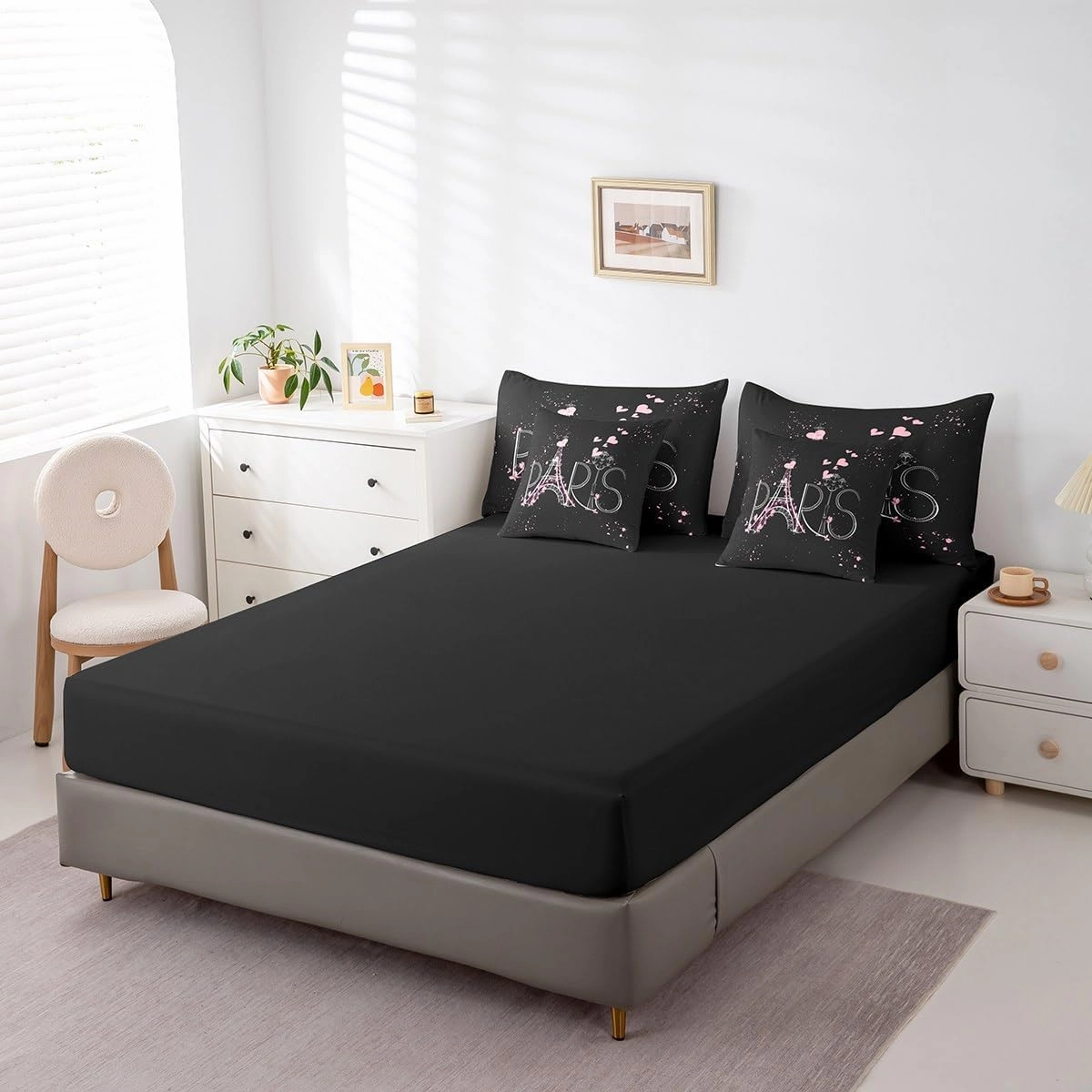 Feelyou Eiffel Tower 7 PCS Comforter Set with Sheets Chic Paris 7 Pieces Bed in a Bag Set Romantic Theme Bed in a Bag for Boys Girls Black Pink Modern French Style Comforter Set with Sheets Queen Size