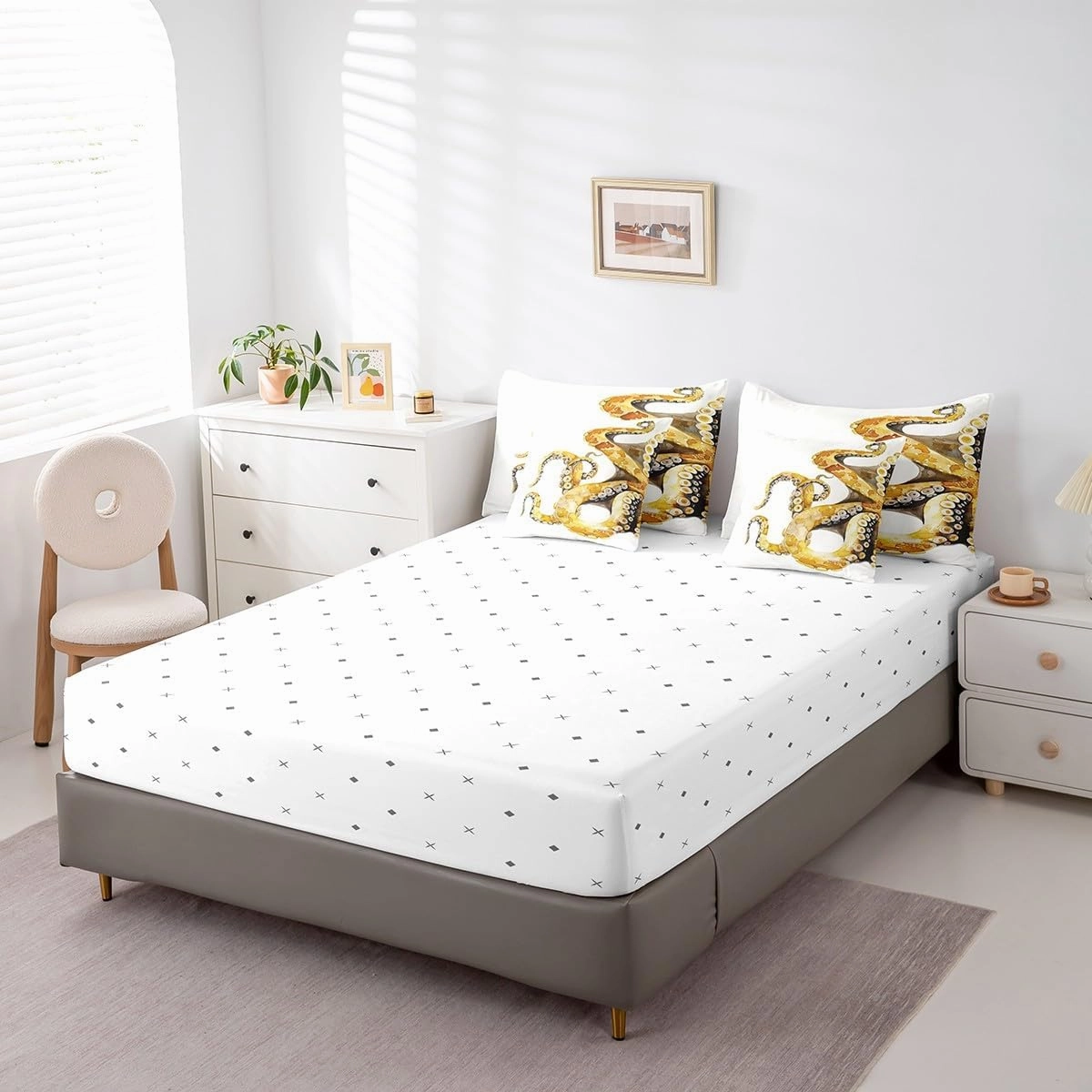 Feelyou Gald Octopus 7 Pieces Bedding Set Ocean Kraken Twin Comforter Set with Sheets for Boys Girls Kids Room Decor Tentacles Bed in a Bag Sealife Sea Animal Bed Set Bedroom White Gald