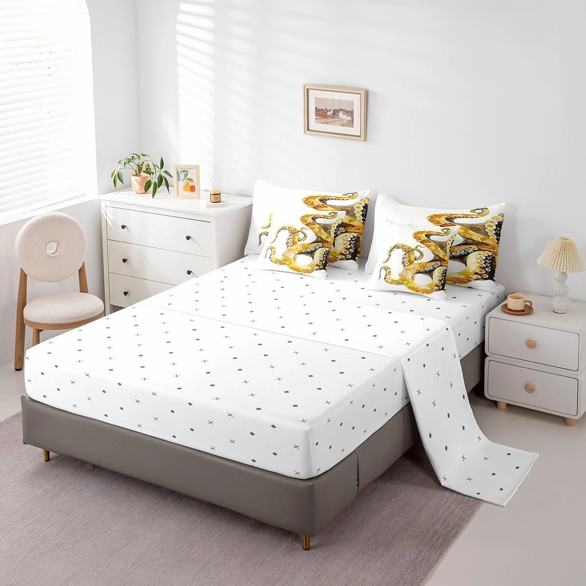 Feelyou Gald Octopus 7 Pieces Bedding Set Ocean Kraken Twin Comforter Set with Sheets for Boys Girls Kids Room Decor Tentacles Bed in a Bag Sealife Sea Animal Bed Set Bedroom White Gald