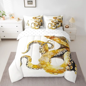 Feelyou Gald Octopus 7 Pieces Bedding Set Ocean Kraken Twin Comforter Set with Sheets for Boys Girls Kids Room Decor Tentacles Bed in a Bag Sealife Sea Animal Bed Set Bedroom White Gald