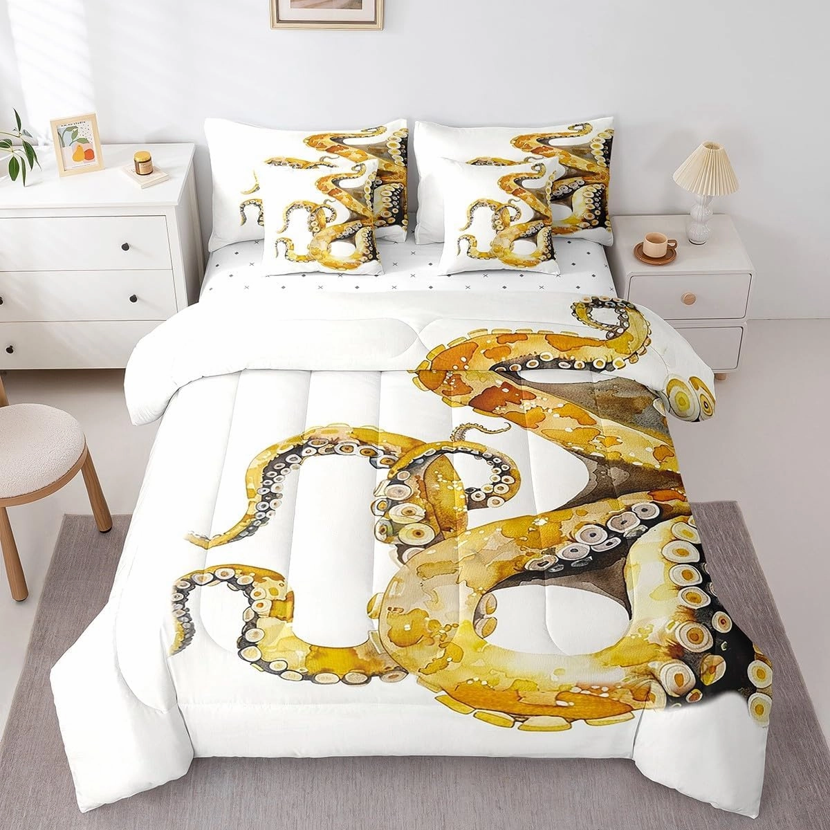 Feelyou Gald Octopus 7 Pieces Bedding Set Ocean Kraken Twin Comforter Set with Sheets for Boys Girls Kids Room Decor Tentacles Bed in a Bag Sealife Sea Animal Bed Set Bedroom White Gald