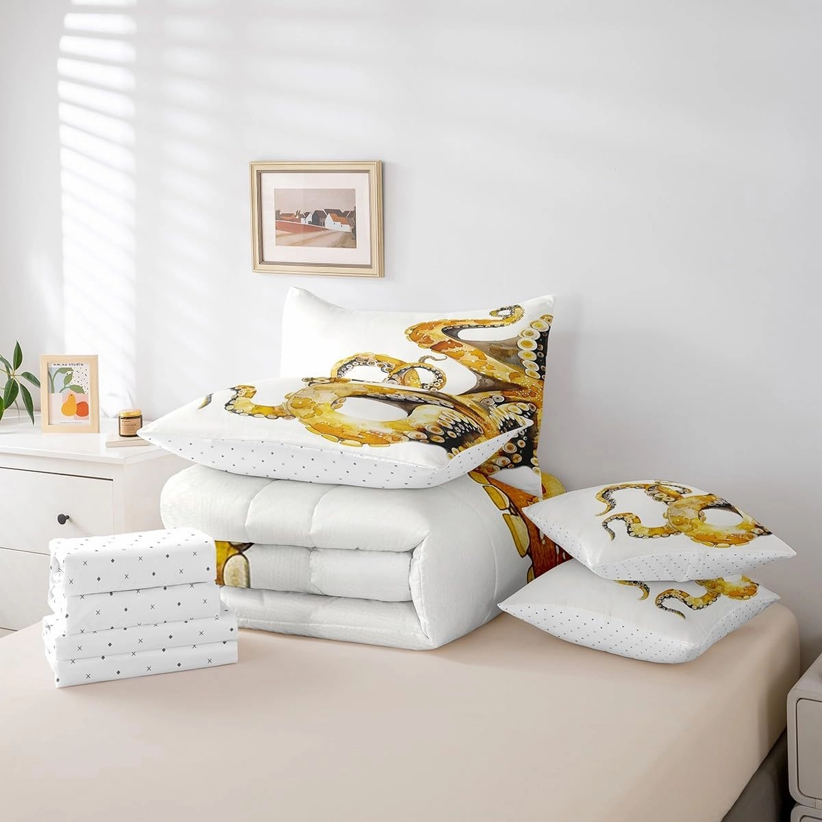 Feelyou Gald Octopus 7 Pieces Bedding Set Ocean Kraken Twin Comforter Set with Sheets for Boys Girls Kids Room Decor Tentacles Bed in a Bag Sealife Sea Animal Bed Set Bedroom White Gald
