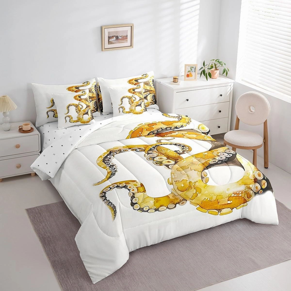 Feelyou Gald Octopus 7 Pieces Bedding Set Ocean Kraken Twin Comforter Set with Sheets for Boys Girls Kids Room Decor Tentacles Bed in a Bag Sealife Sea Animal Bed Set Bedroom White Gald