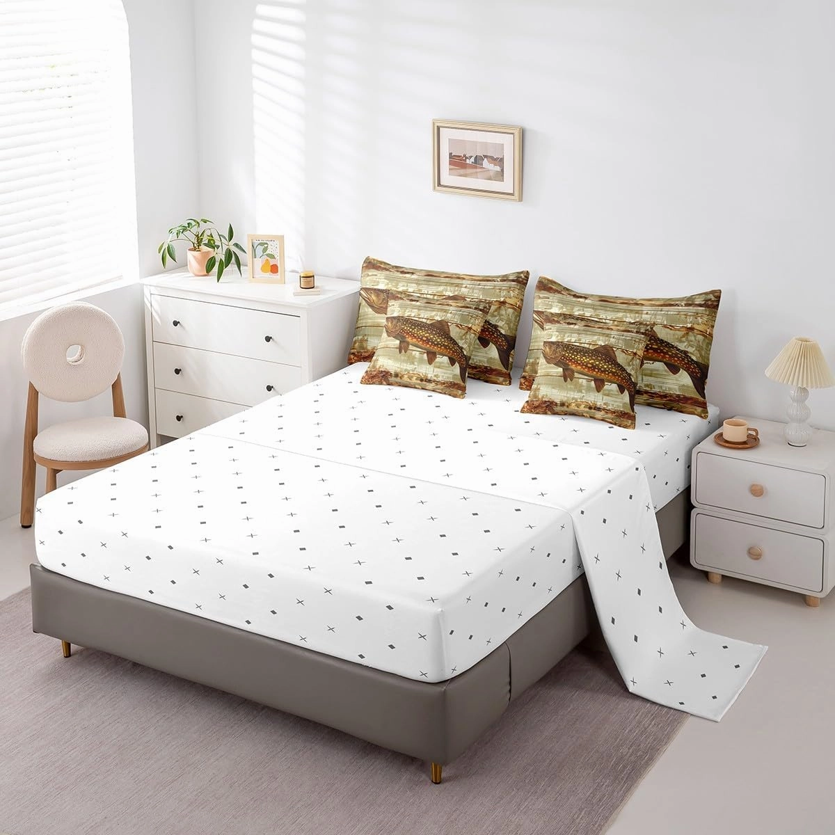 Feelyou Kids Pike Fish Full Comforter Set with Sheets Bass Big Fish 7 Pieces Bedding Set for Boys Girls Teens Bedroom Decor Fishing and Hunting Bed in a Bag Women Men Coastal Bed Set