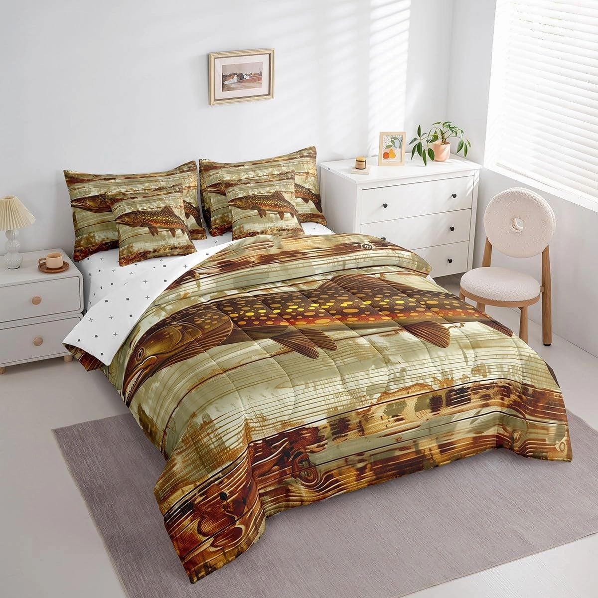 Feelyou Kids Pike Fish Full Comforter Set with Sheets Bass Big Fish 7 Pieces Bedding Set for Boys Girls Teens Bedroom Decor Fishing and Hunting Bed in a Bag Women Men Coastal Bed Set