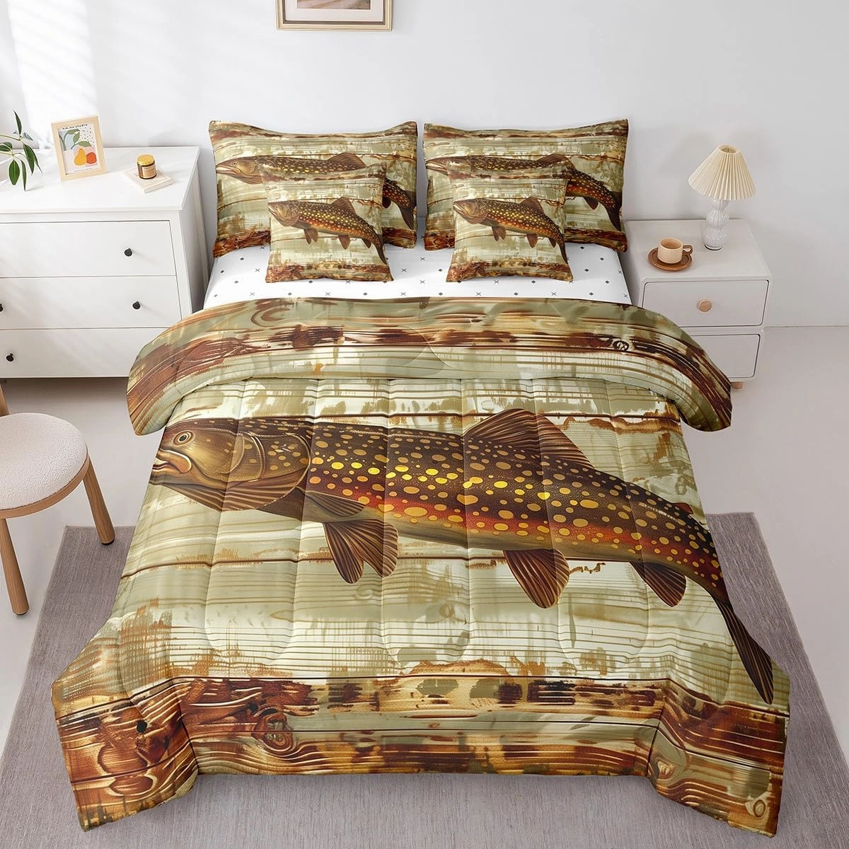 Feelyou Kids Pike Fish Full Comforter Set with Sheets Bass Big Fish 7 Pieces Bedding Set for Boys Girls Teens Bedroom Decor Fishing and Hunting Bed in a Bag Women Men Coastal Bed Set