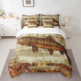 Feelyou Kids Pike Fish Full Comforter Set with Sheets Bass Big Fish 7 Pieces Bedding Set for Boys Girls Teens Bedroom Decor Fishing and Hunting Bed in a Bag Women Men Coastal Bed Set