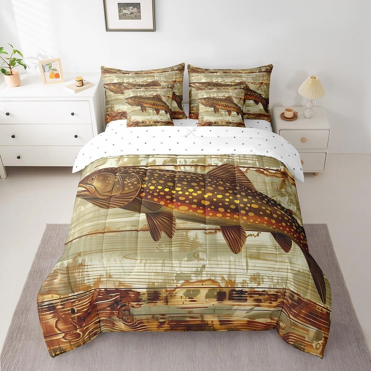 Feelyou Kids Pike Fish Full Comforter Set with Sheets Bass Big Fish 7 Pieces Bedding Set for Boys Girls Teens Bedroom Decor Fishing and Hunting Bed in a Bag Women Men Coastal Bed Set