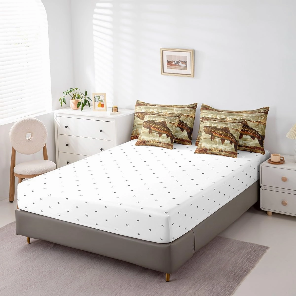 Feelyou Kids Pike Fish Full Comforter Set with Sheets Bass Big Fish 7 Pieces Bedding Set for Boys Girls Teens Bedroom Decor Fishing and Hunting Bed in a Bag Women Men Coastal Bed Set